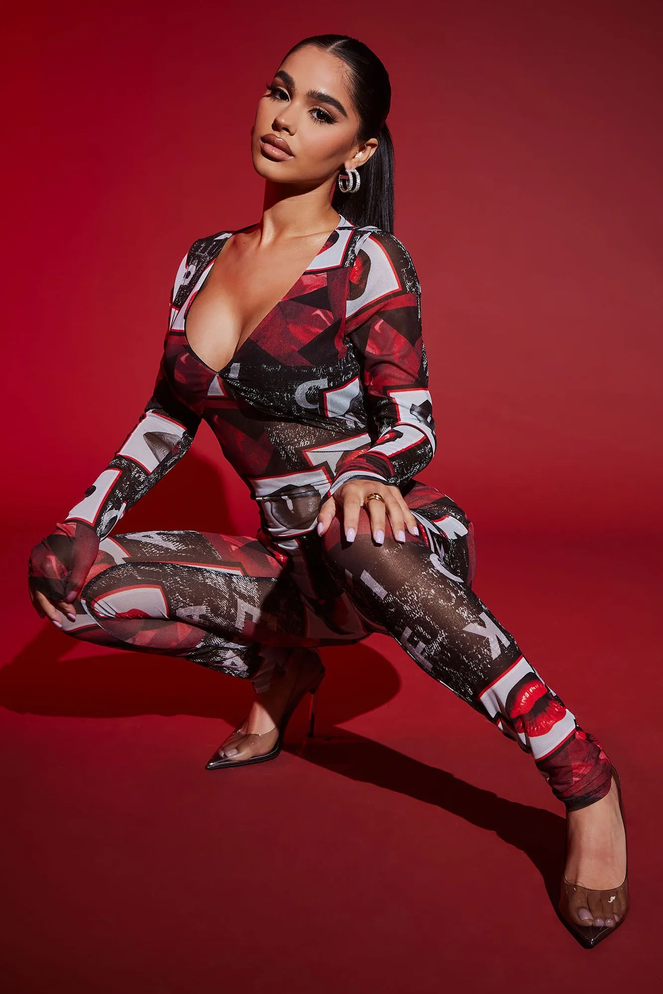 All The Kisses Mesh Jumpsuit - Black/Red
