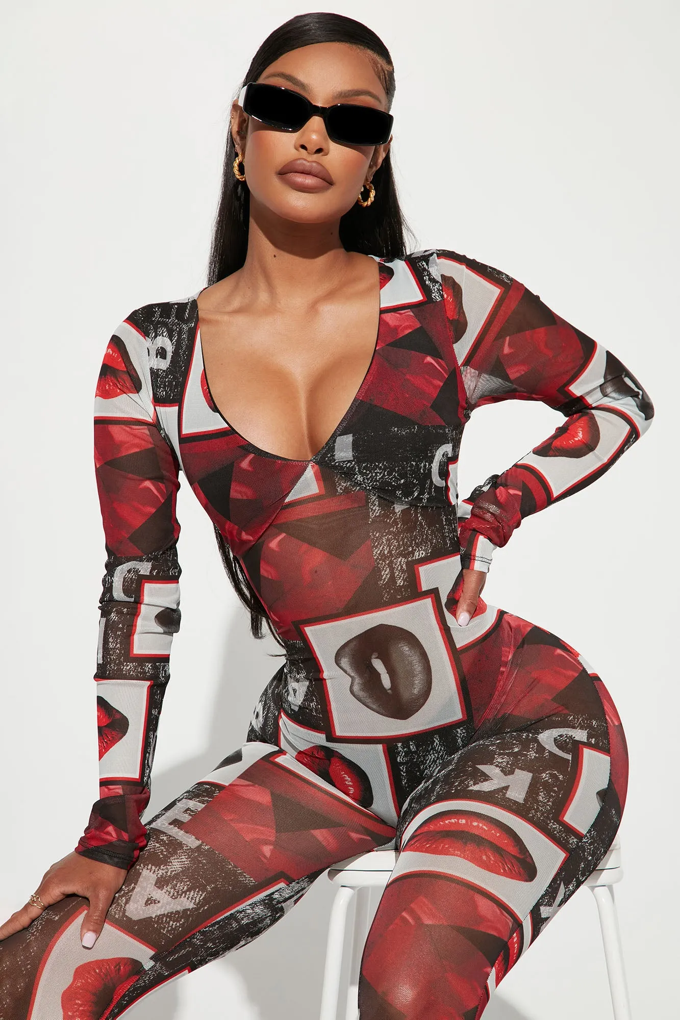 All The Kisses Mesh Jumpsuit - Black/Red