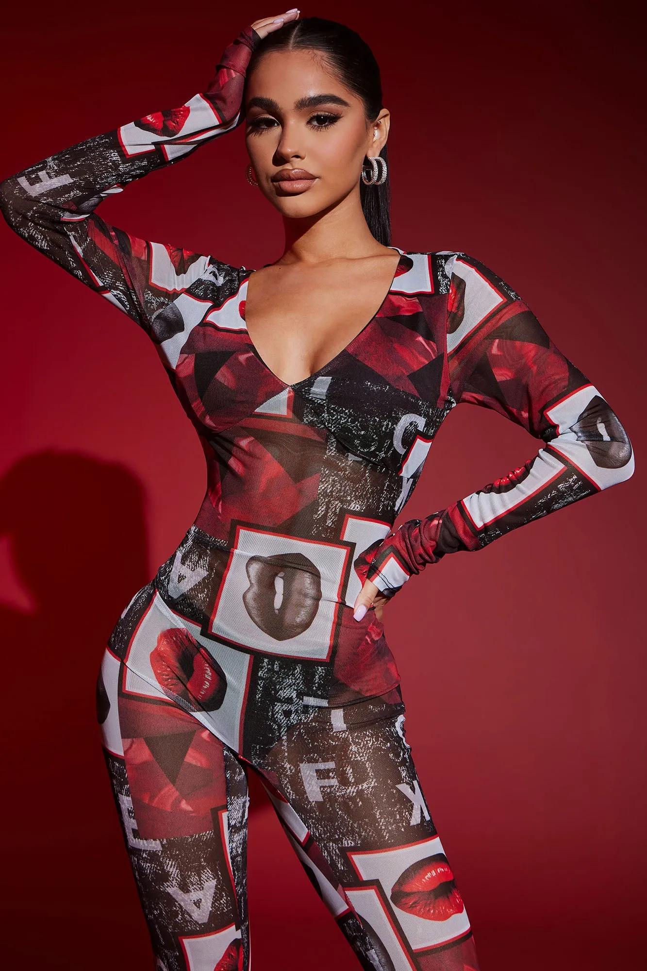 All The Kisses Mesh Jumpsuit - Black/Red