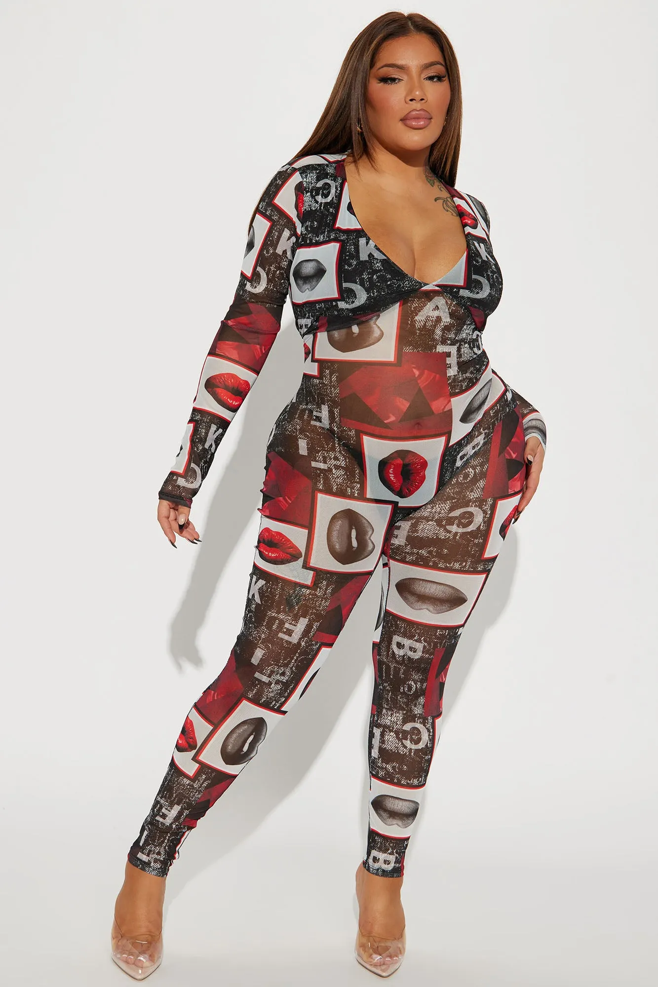 All The Kisses Mesh Jumpsuit - Black/Red