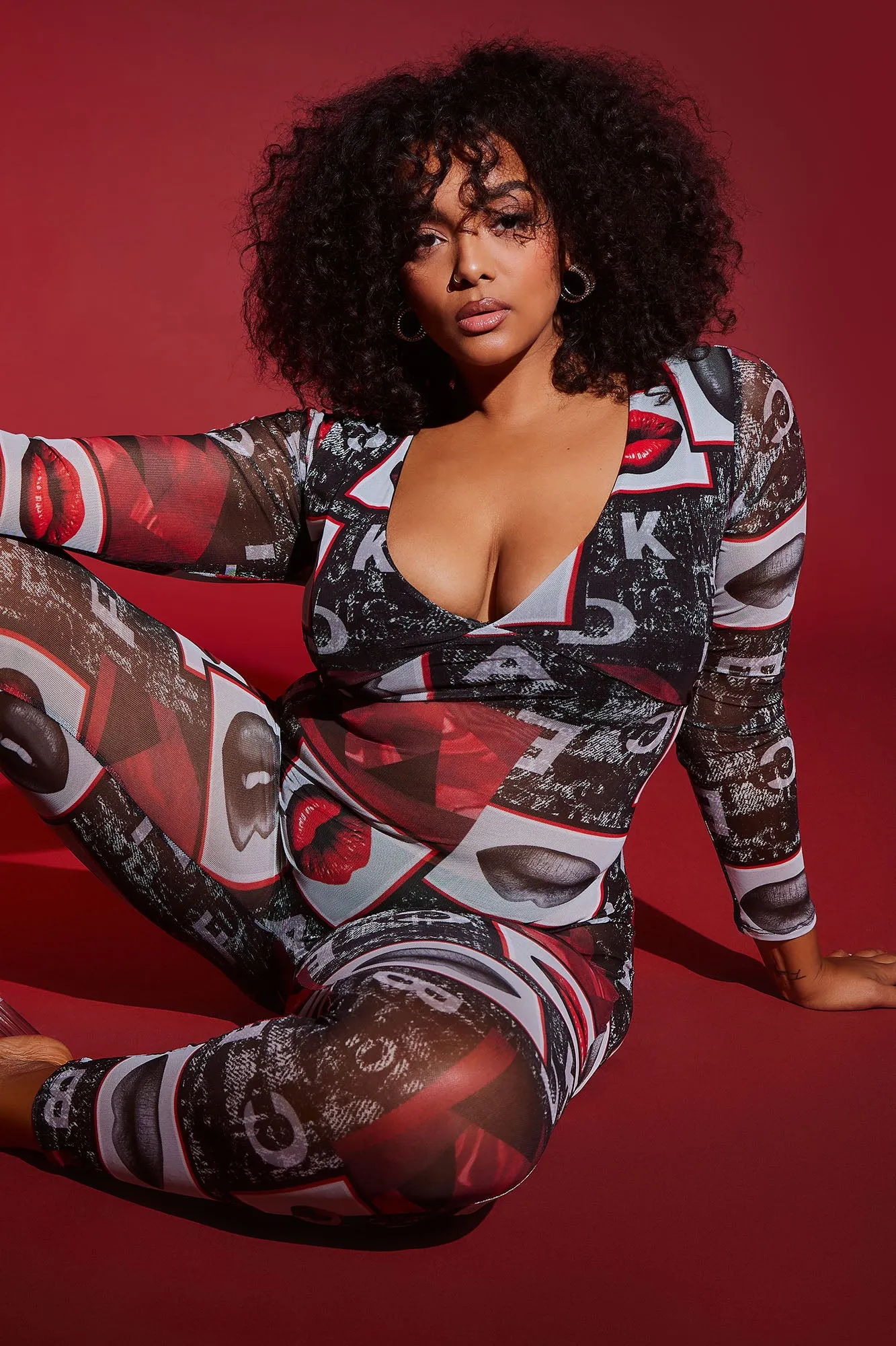 All The Kisses Mesh Jumpsuit - Black/Red