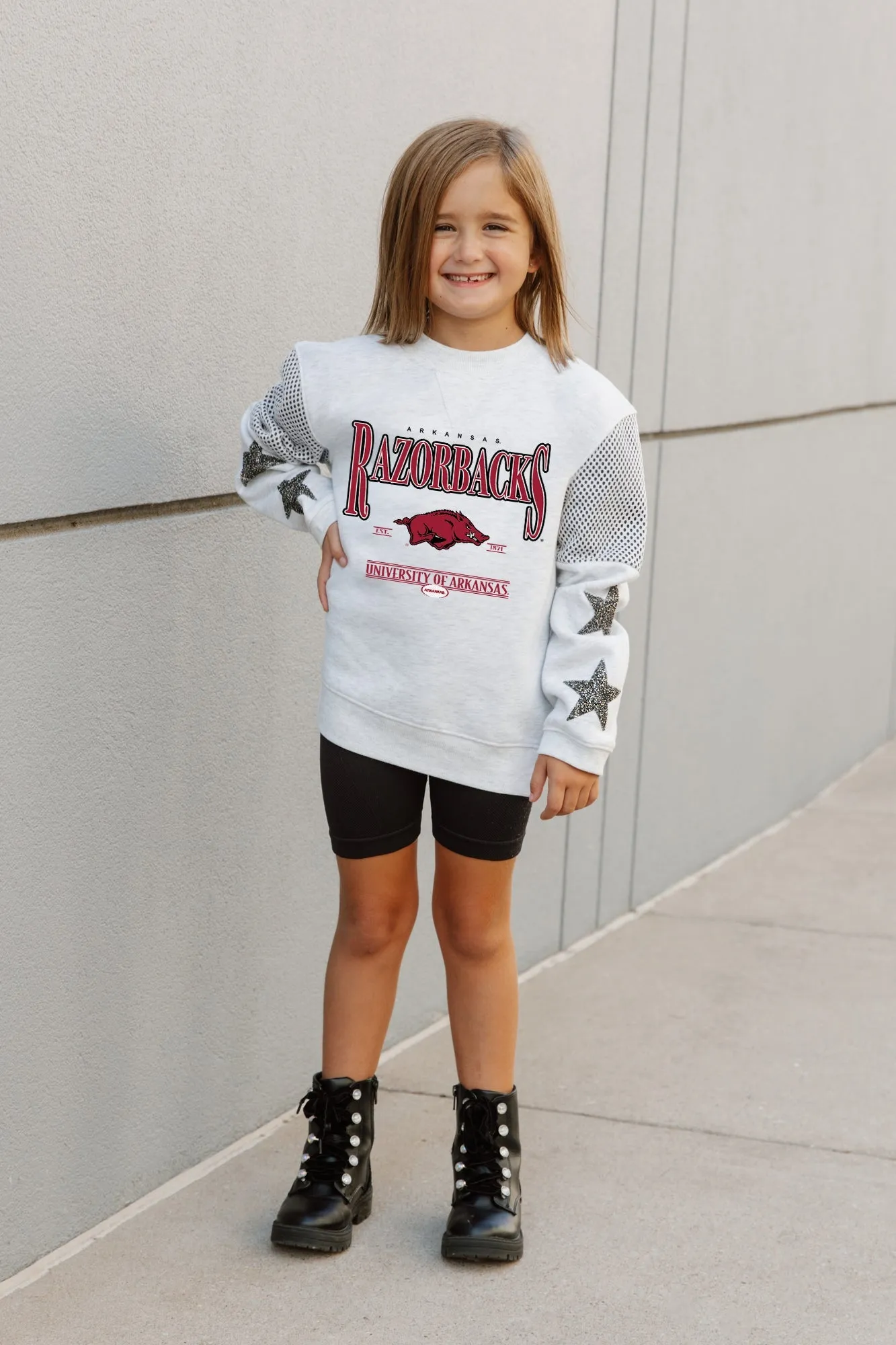 ARKANSAS RAZORBACKS DYNAMIC KIDS EMBELLISHED SLEEVE CREWNECK FLEECE SWEATSHIRT