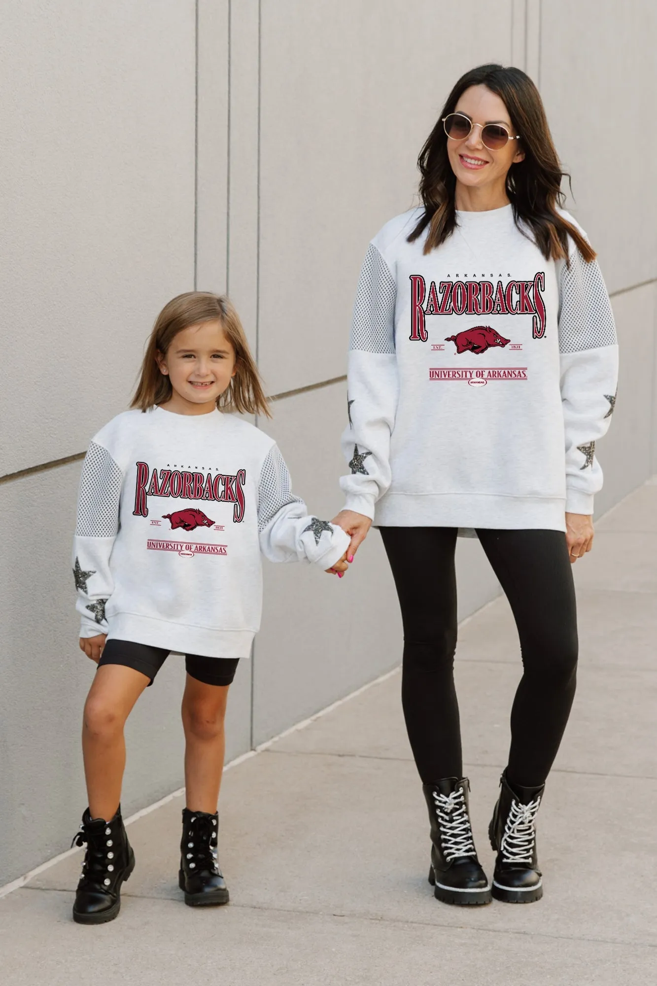ARKANSAS RAZORBACKS DYNAMIC KIDS EMBELLISHED SLEEVE CREWNECK FLEECE SWEATSHIRT