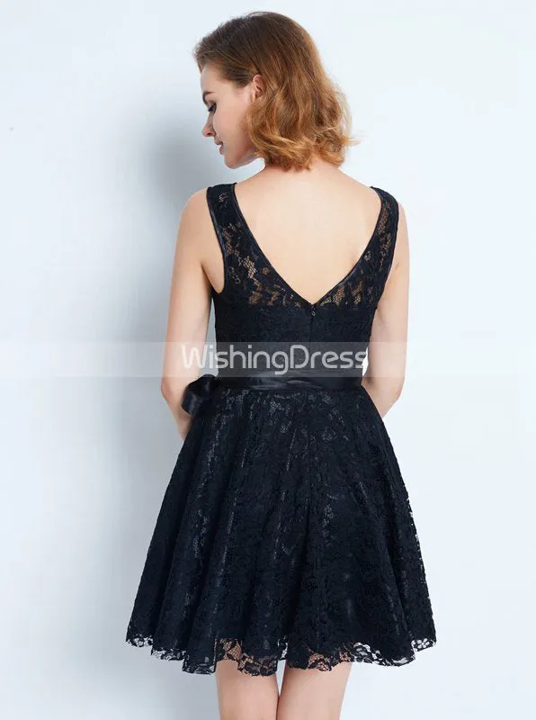 Black Homecoming Dress with Sash,Lace Cocktail Dress,Short Party Dress,HC00153