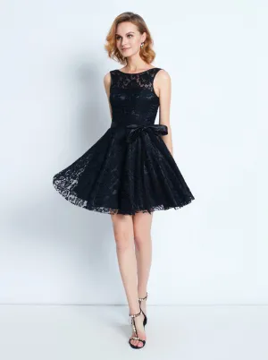 Black Homecoming Dress with Sash,Lace Cocktail Dress,Short Party Dress,HC00153