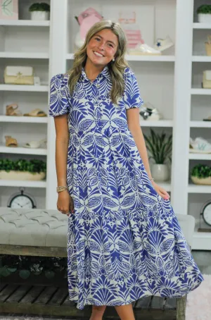 Blue and White Midi Puff Sleeve Dress