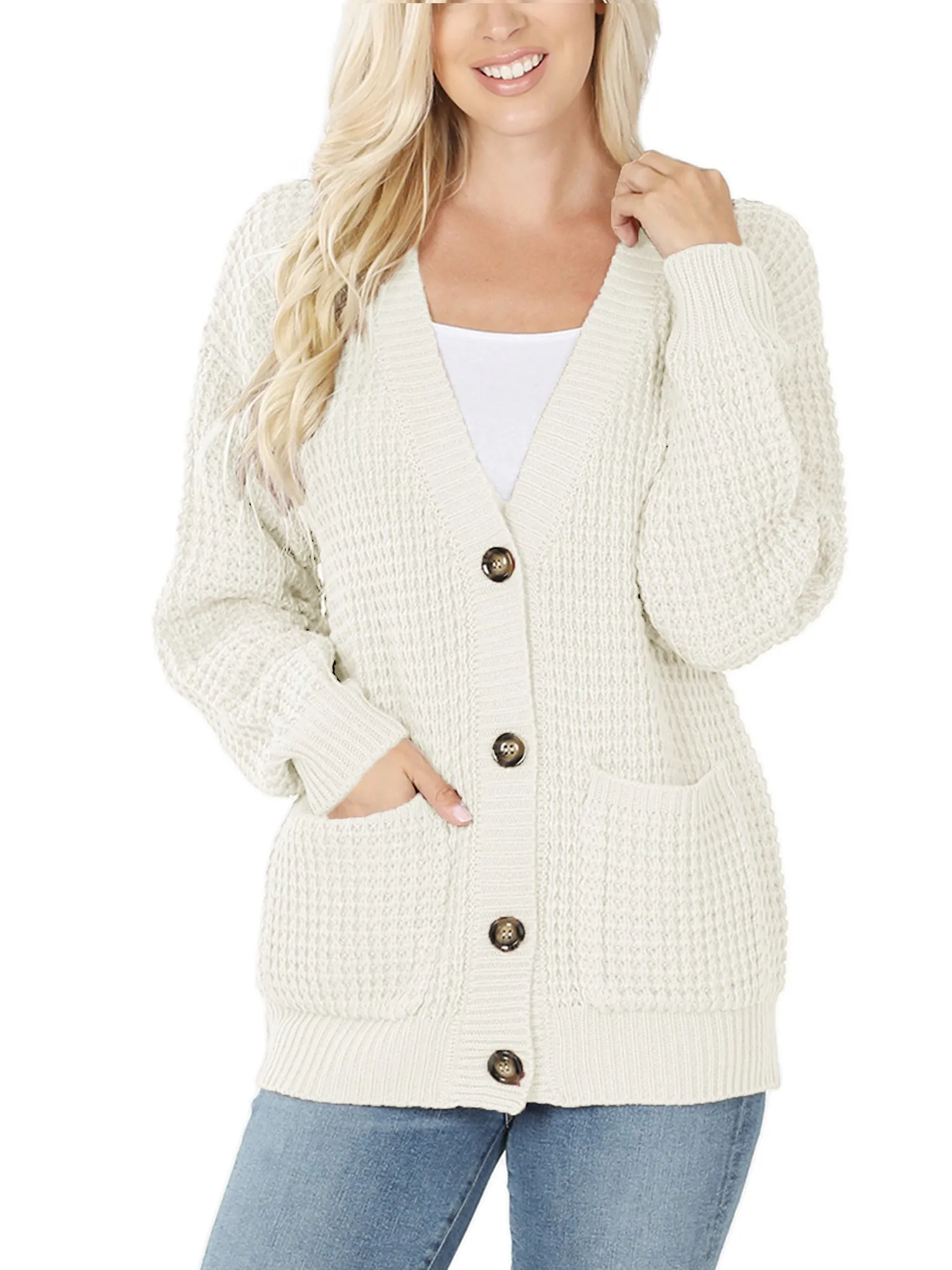 KOGMO Women's Waffle Knit Sweater Cardigans with Buttons and Pockets