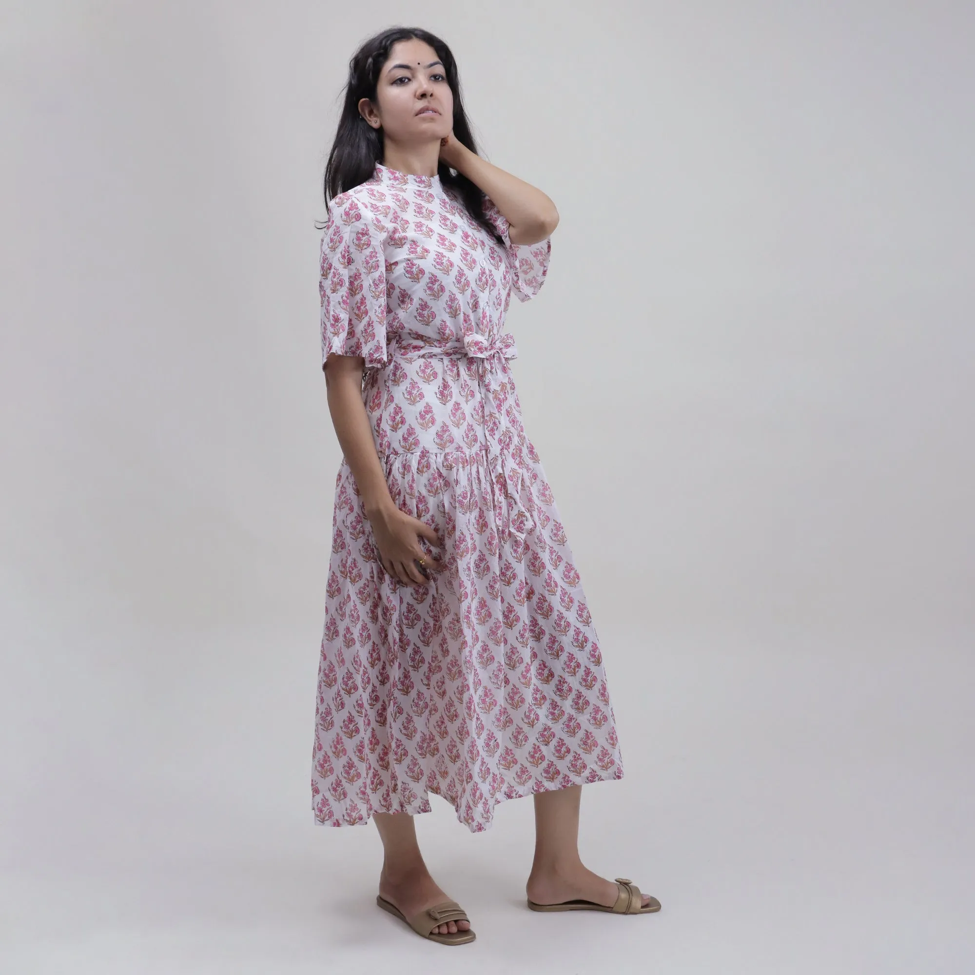 Pink Floral Printed Soft Stylish Midi Dress