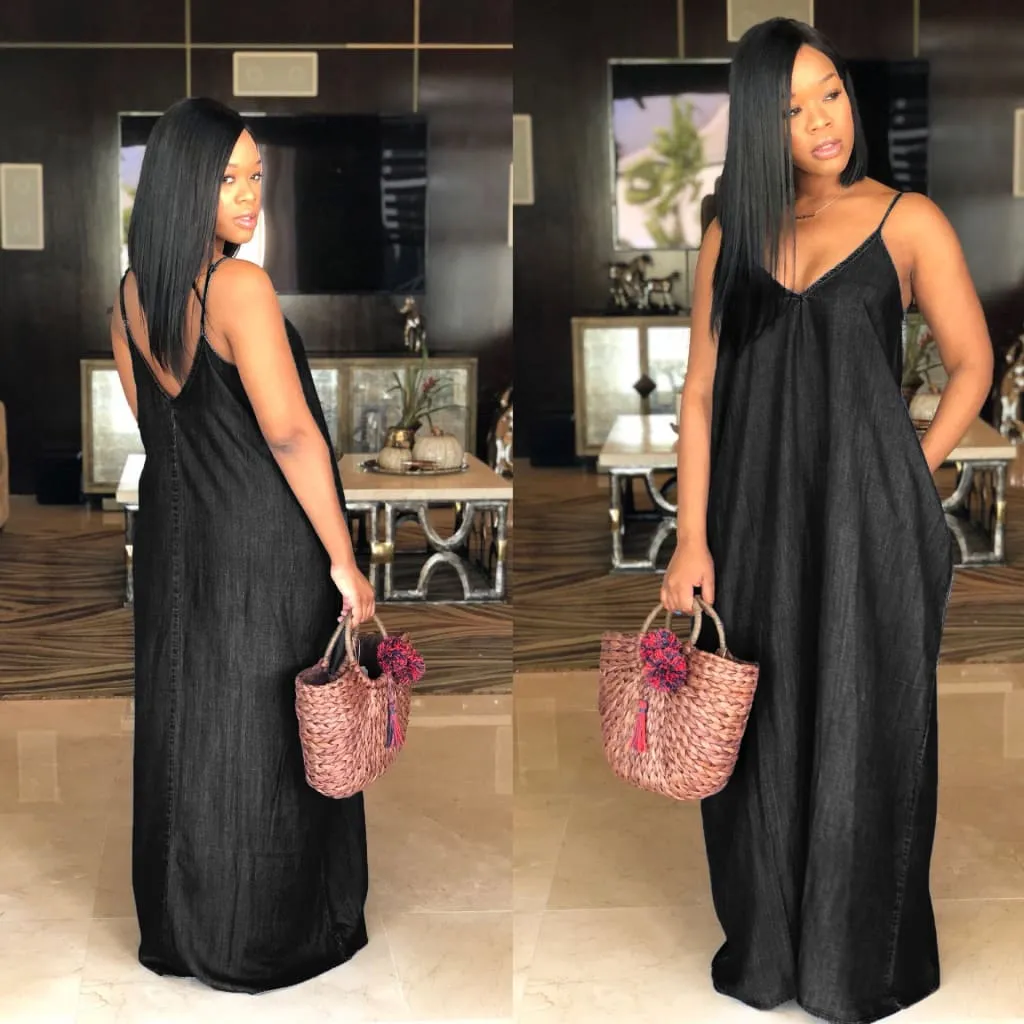 Solid V-Neck Maxi Denim Cami Long Dress