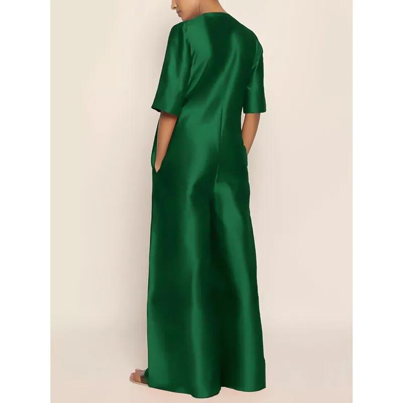 Uoozee 2023 Summer New Fashion Solid Color Loose Jumpsuit Half Sleeves V-Neck Wide Leg Pants Casual Jump Suits For Women