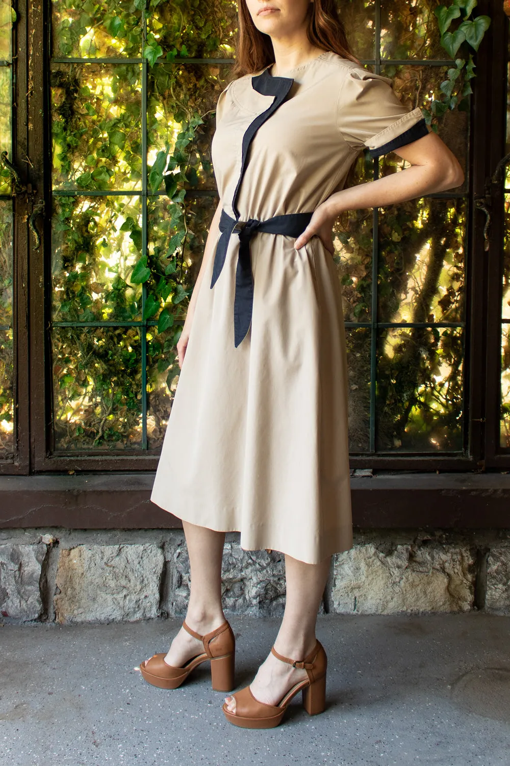 Vintage 1970s Khaki Geometric Shirtwaist Dress - Medium