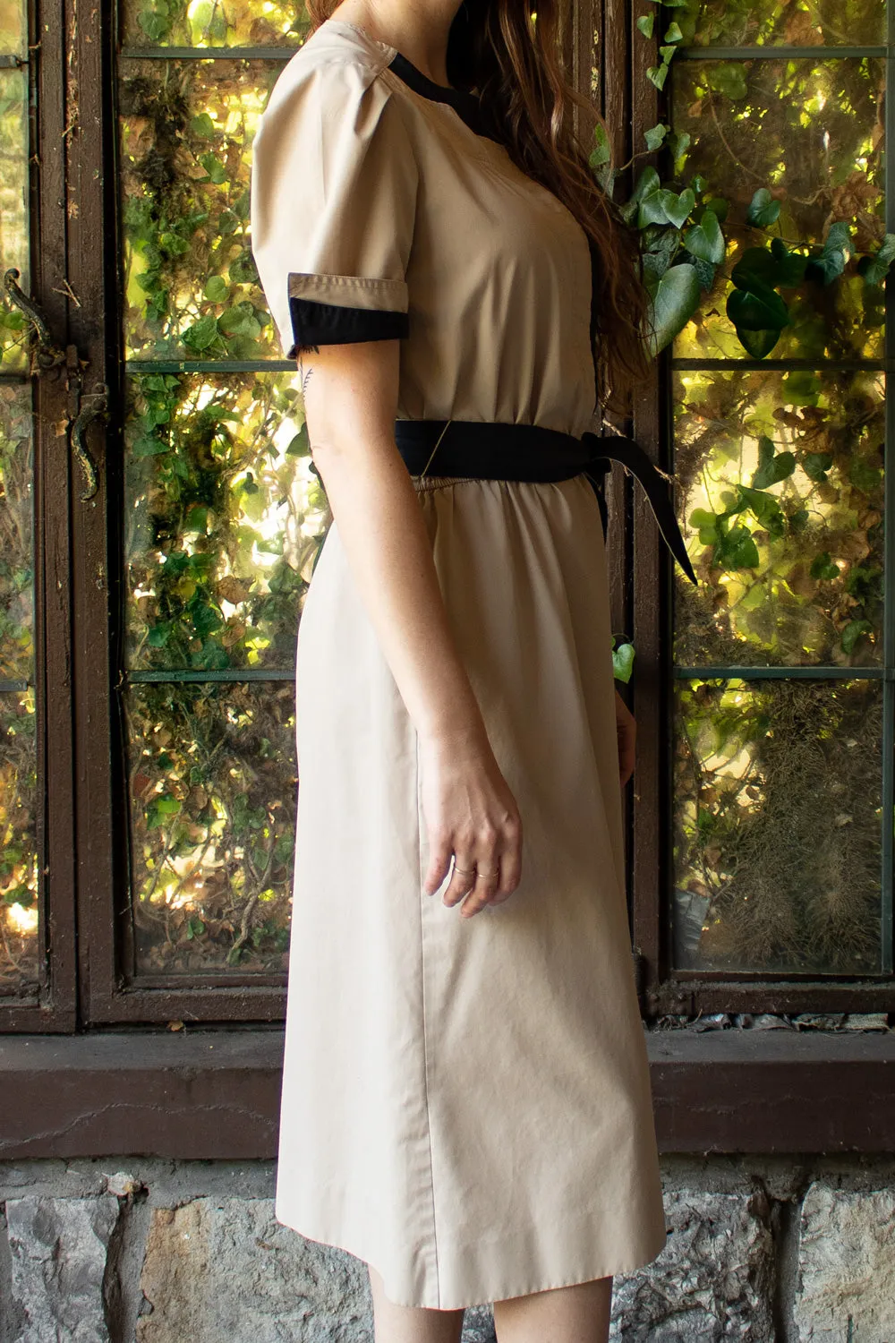 Vintage 1970s Khaki Geometric Shirtwaist Dress - Medium