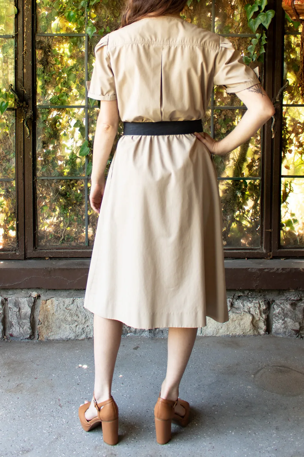 Vintage 1970s Khaki Geometric Shirtwaist Dress - Medium