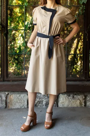 Vintage 1970s Khaki Geometric Shirtwaist Dress - Medium