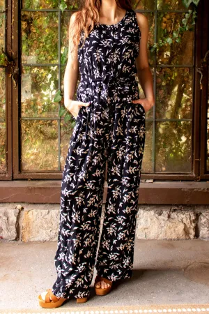 Vintage 1980s Sleeveless Black & White Floral Jumpsuit - Large