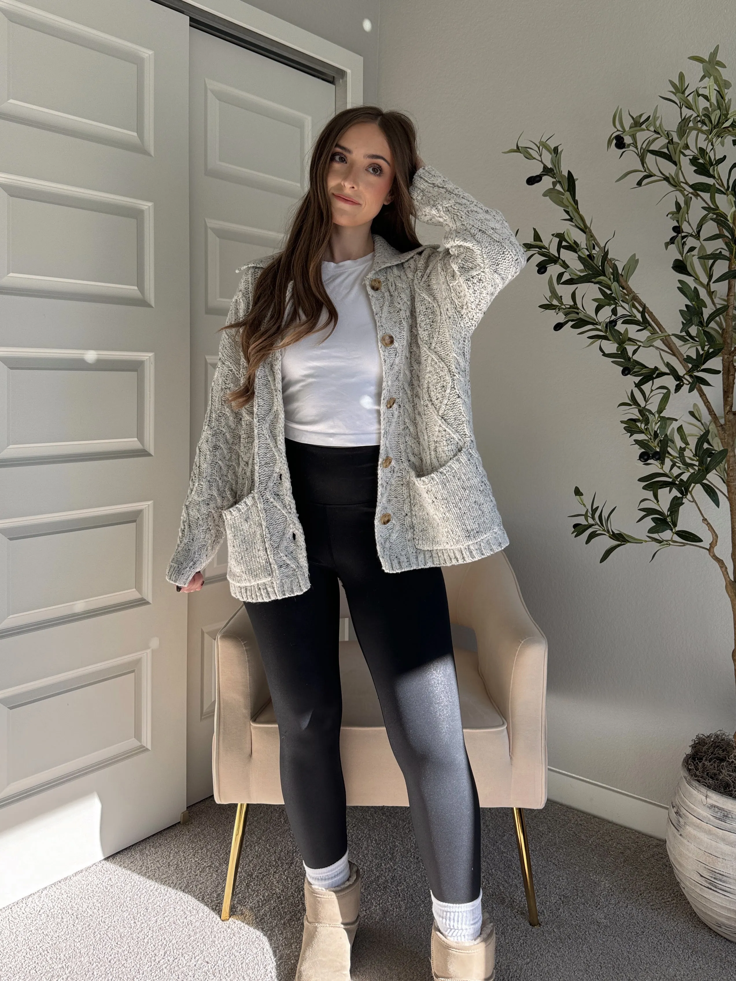 Winter Meadow Oversized Cable Knit Button Down Cardigan (Heather Gray)