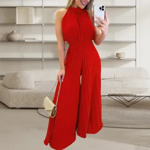 Women Party Jumpsuit Wide Leg Pleated High Waist Sleeveless Dress-up Lace Up Off Shoulder Banquet Summer Jumpsuit Women Clothes